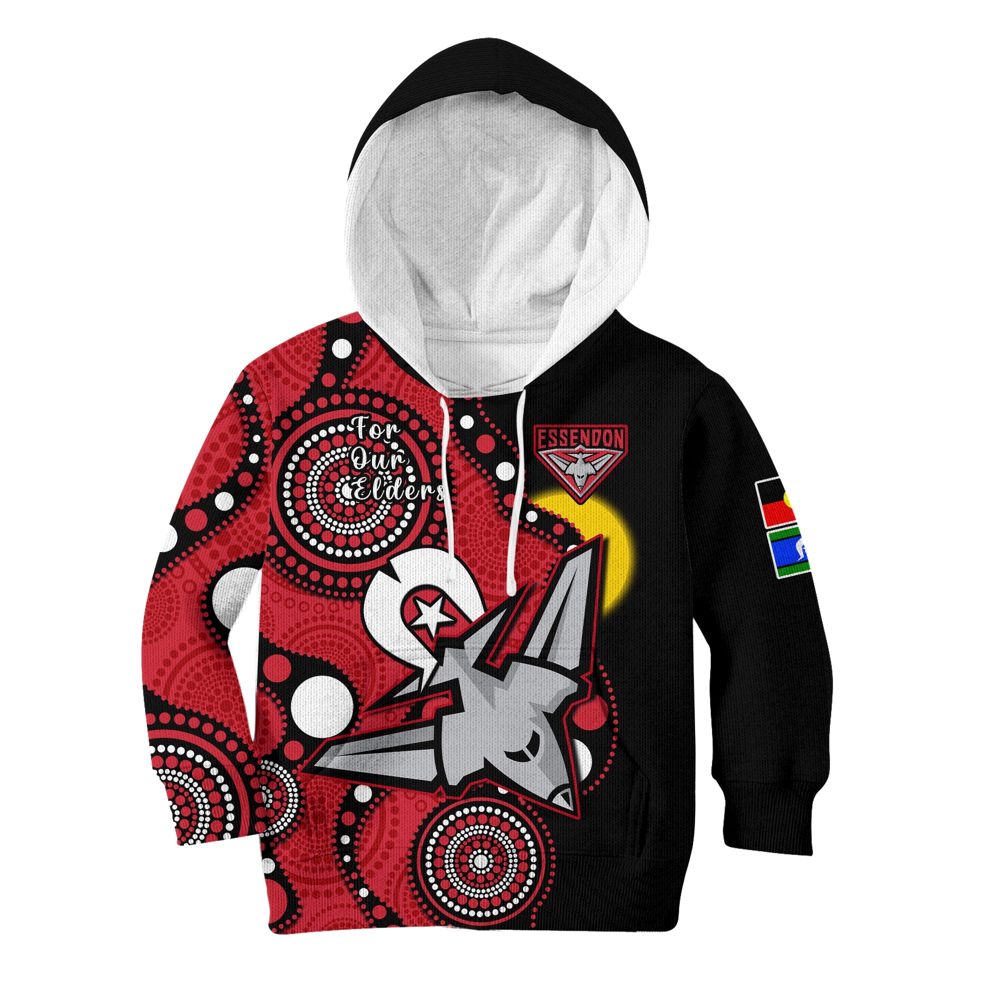 custom-text-and-number-essendon-football-naidoc-2023-hoodie-kid-bombers-for-our-elders-indigenous-art