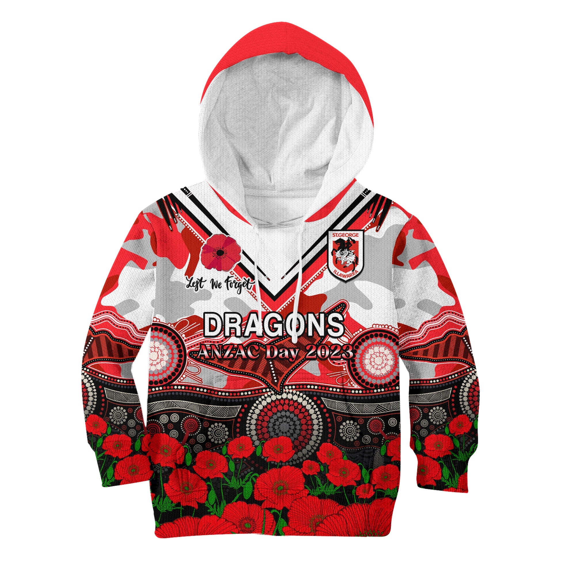 custom-text-and-number-dragons-rugby-anzac-2023-hoodie-kid-aboriginal-mix-poppy-lest-we-forget