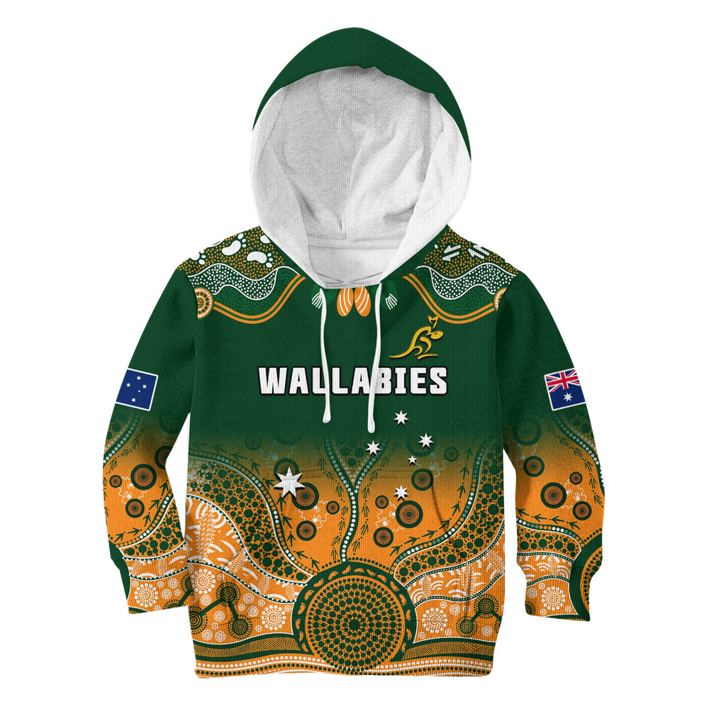 custom-text-and-number-australia-rugby-hoodie-kid-wallabies-kangaroo-green-aboriginal