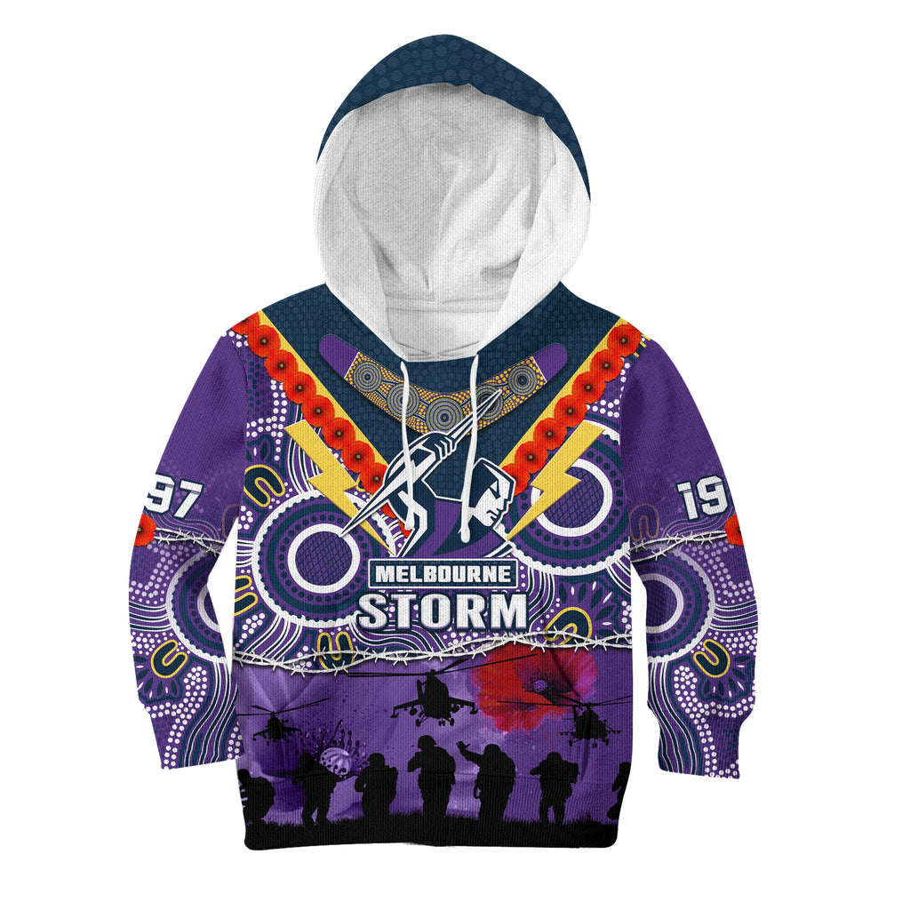 custom-text-and-number-melbourne-storm-rugby-anzac-hoodie-kid-indigenous-poppy-australian-army