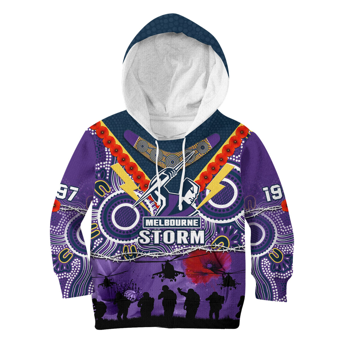custom-text-and-number-melbourne-storm-rugby-anzac-hoodie-kid-indigenous-poppy-australian-army