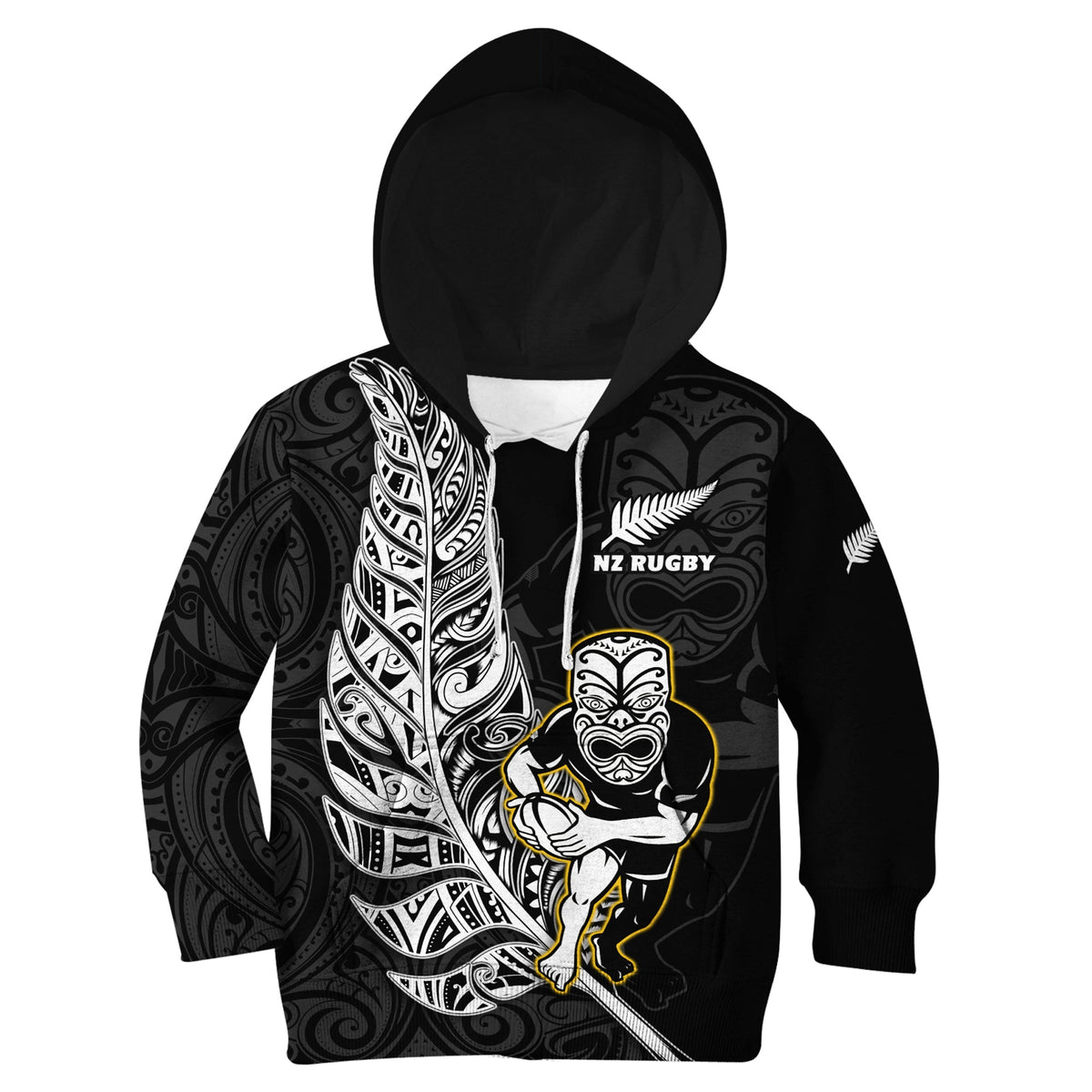 custom-text-and-number-new-zealand-silver-fern-rugby-hoodie-kid-all-black-maori-version-black