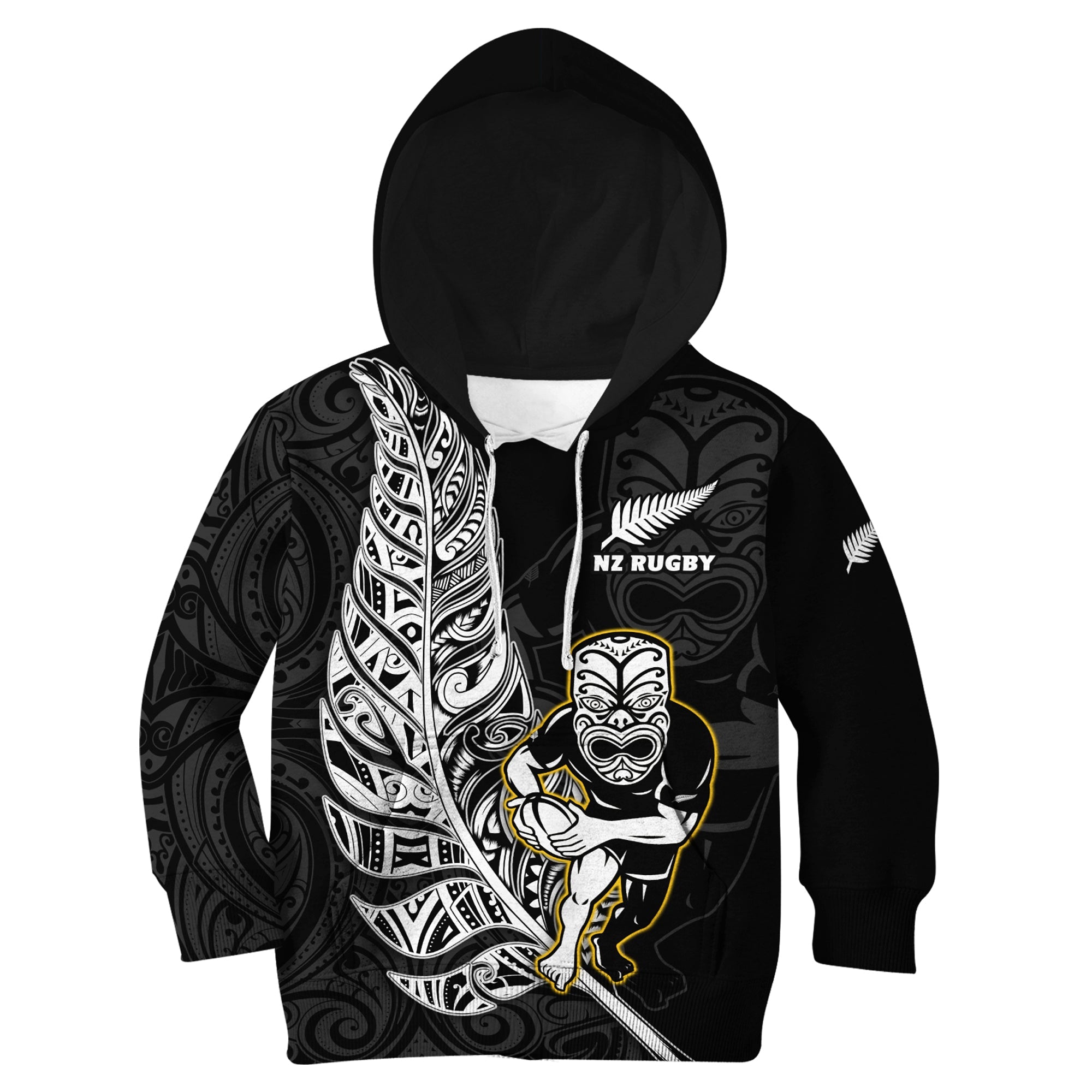 custom-text-and-number-new-zealand-silver-fern-rugby-hoodie-kid-all-black-maori-version-black
