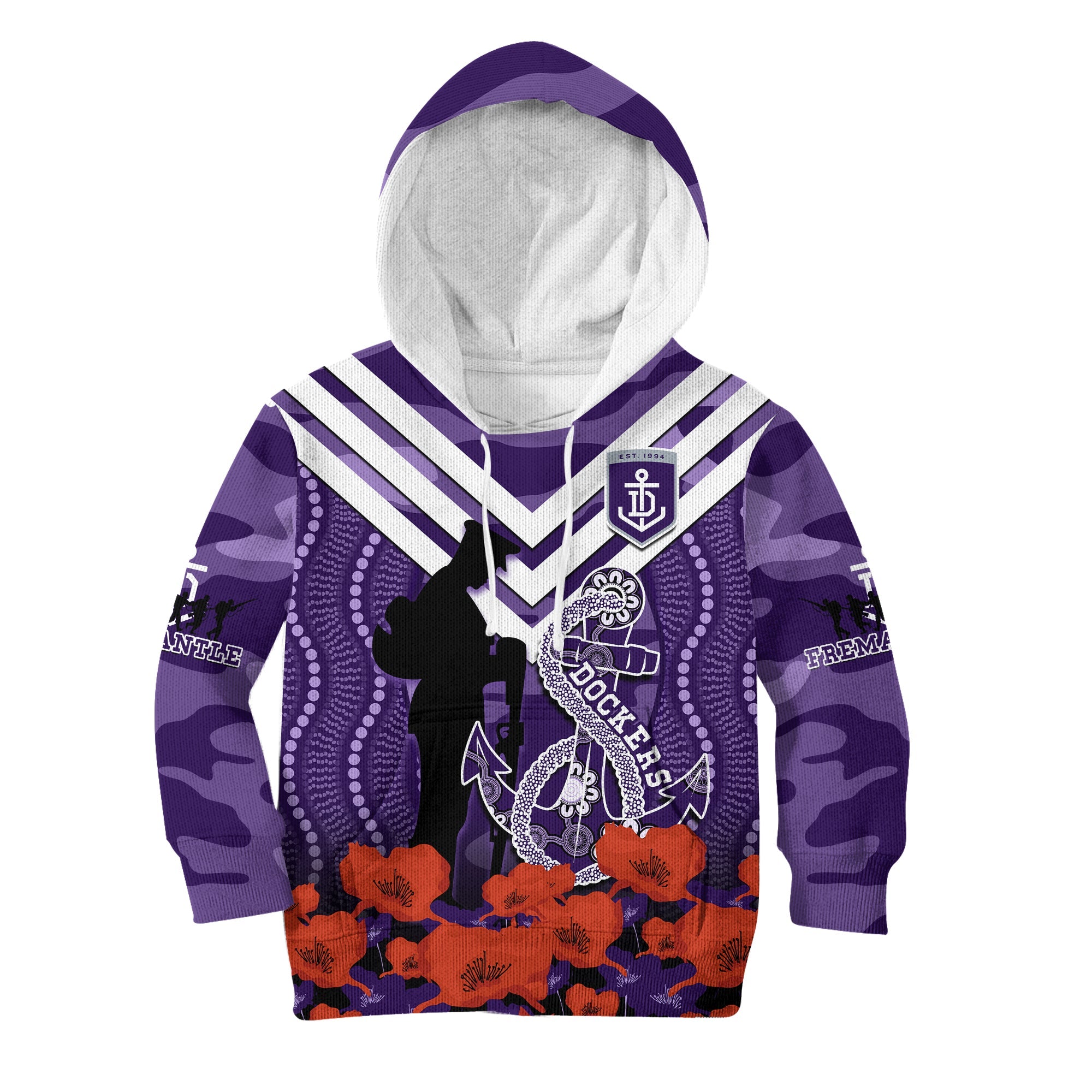custom-text-and-number-dockers-football-anzac-2023-hoodie-kid-aboriginal-mix-poppy-camouflage