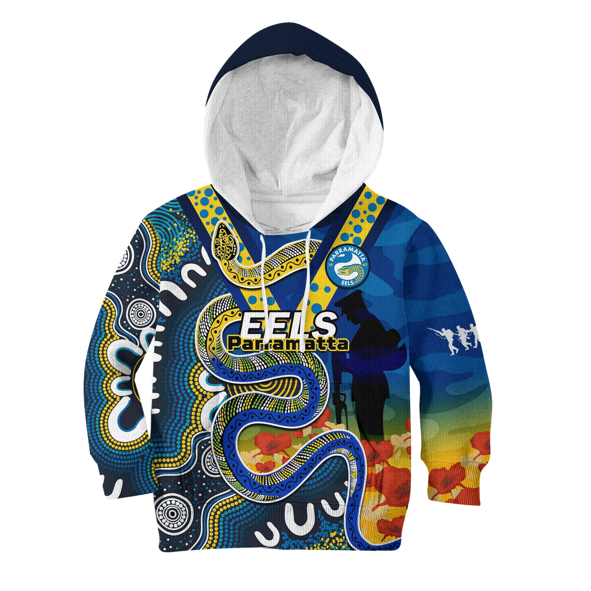custom-text-and-number-eels-rugby-anzac-2023-hoodie-kid-aboriginal-mix-poppy-lest-we-forget