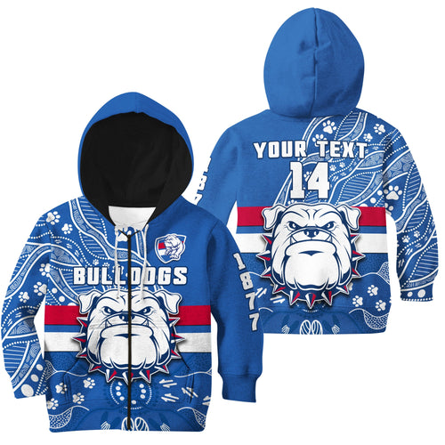 custom-text-and-number-bulldogs-football-hoodie-kid-scraggers-1877-aboriginal-dot-painting-newest-version