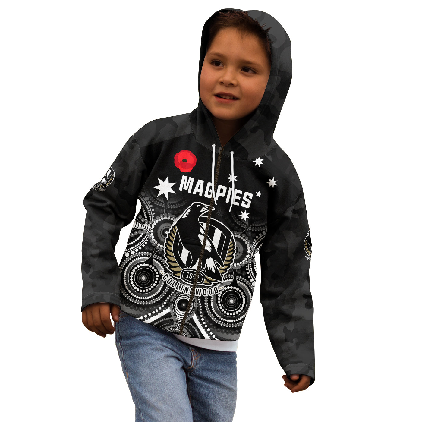custom-text-and-number-magpies-football-anzac-day-hoodie-kid-aboriginal-poppy-flowers