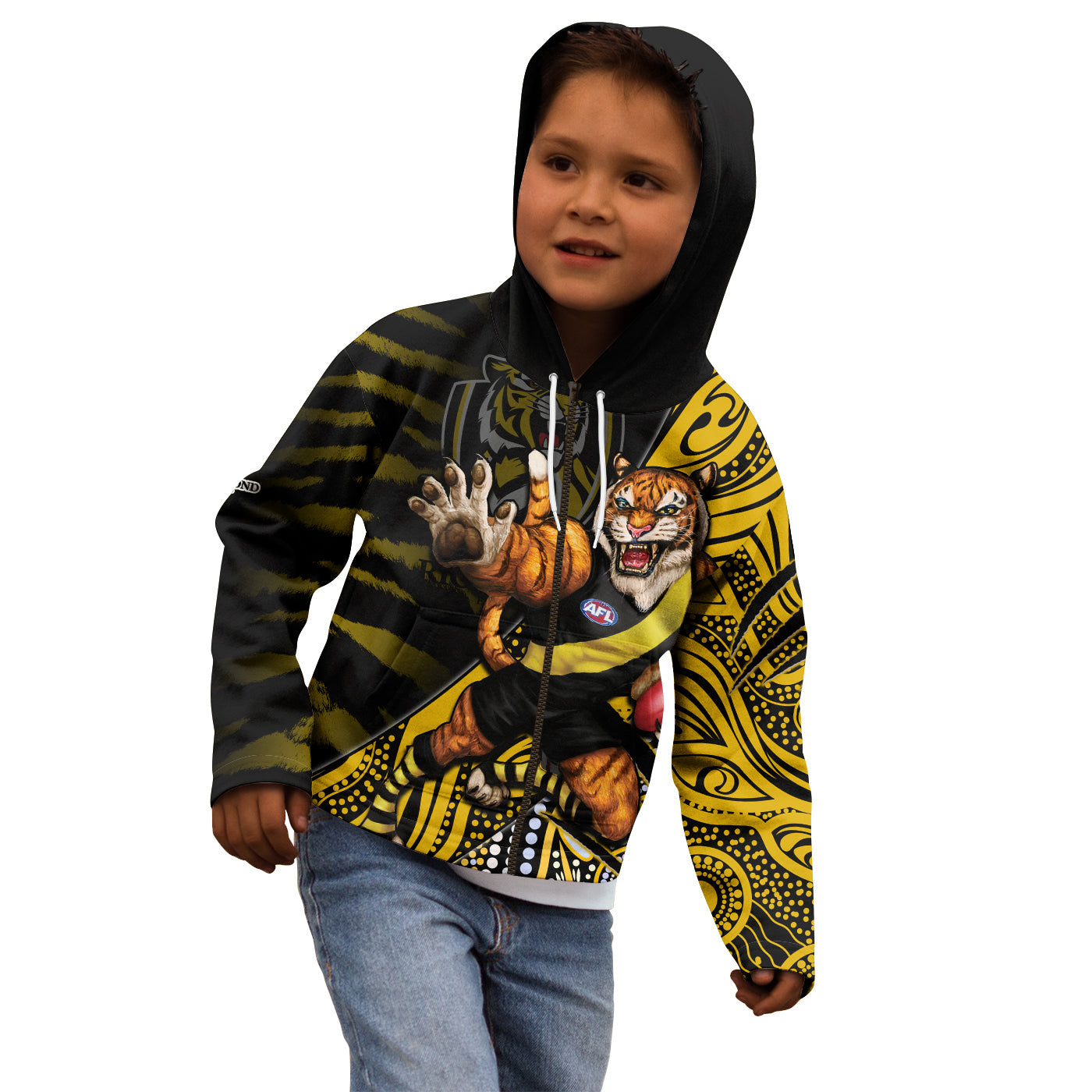 custom-text-and-number-richmond-football-hoodie-kid-aboriginal-go-the-tigers-mascot