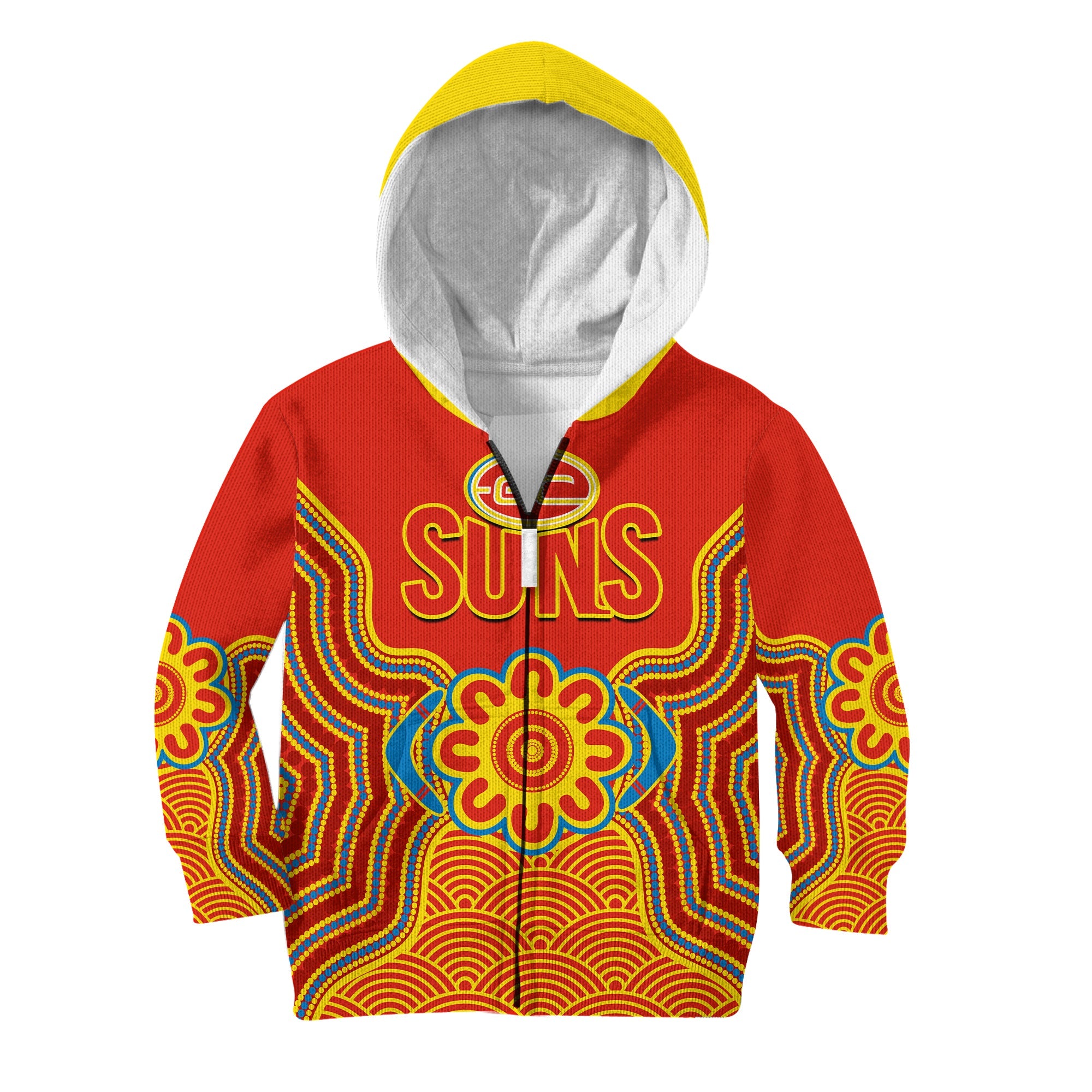 custom-text-and-number-gold-coast-football-hoodie-kid-suns-indigenous-pattern