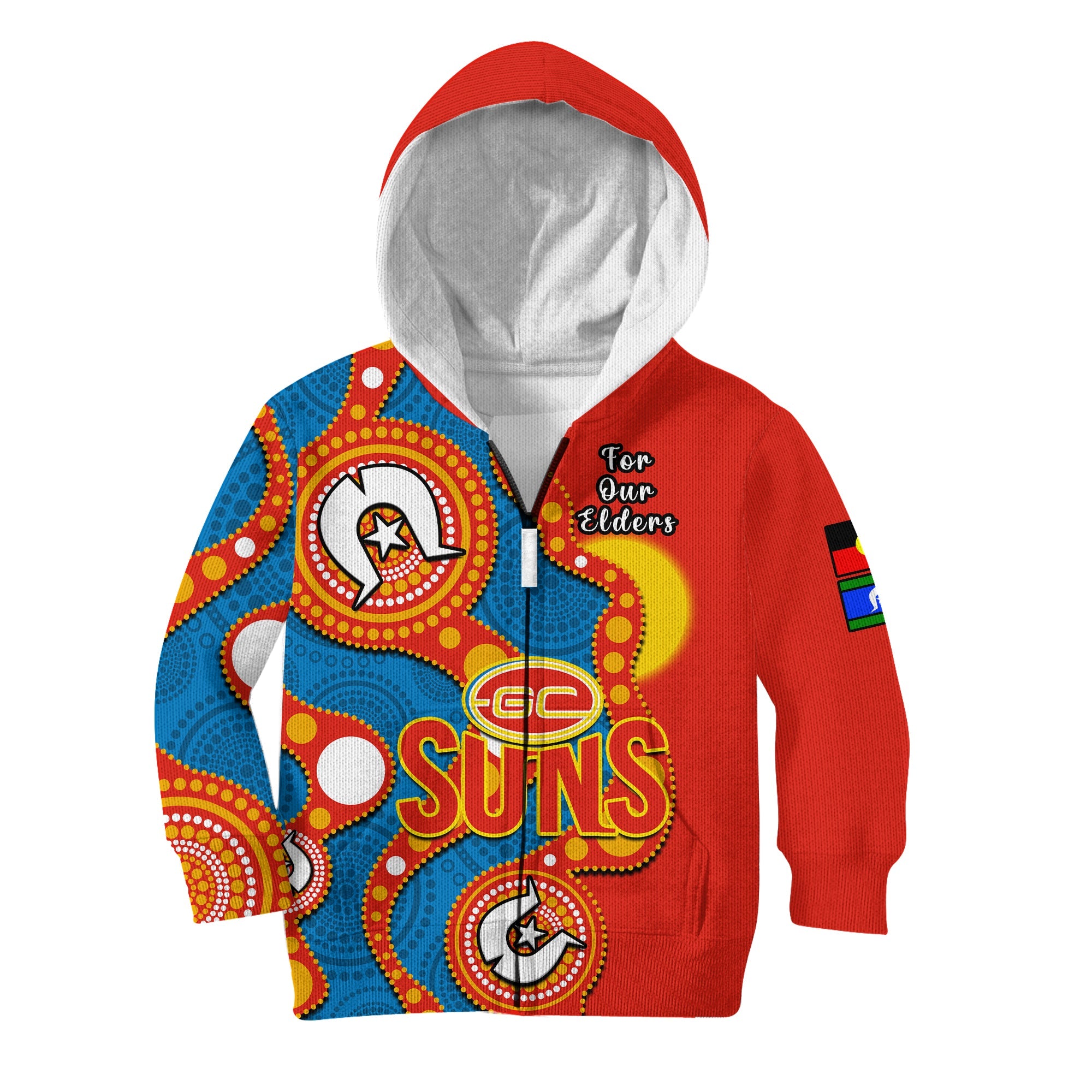 custom-text-and-number-gold-coast-football-naidoc-2023-hoodie-kid-suns-indigenous-for-our-elders