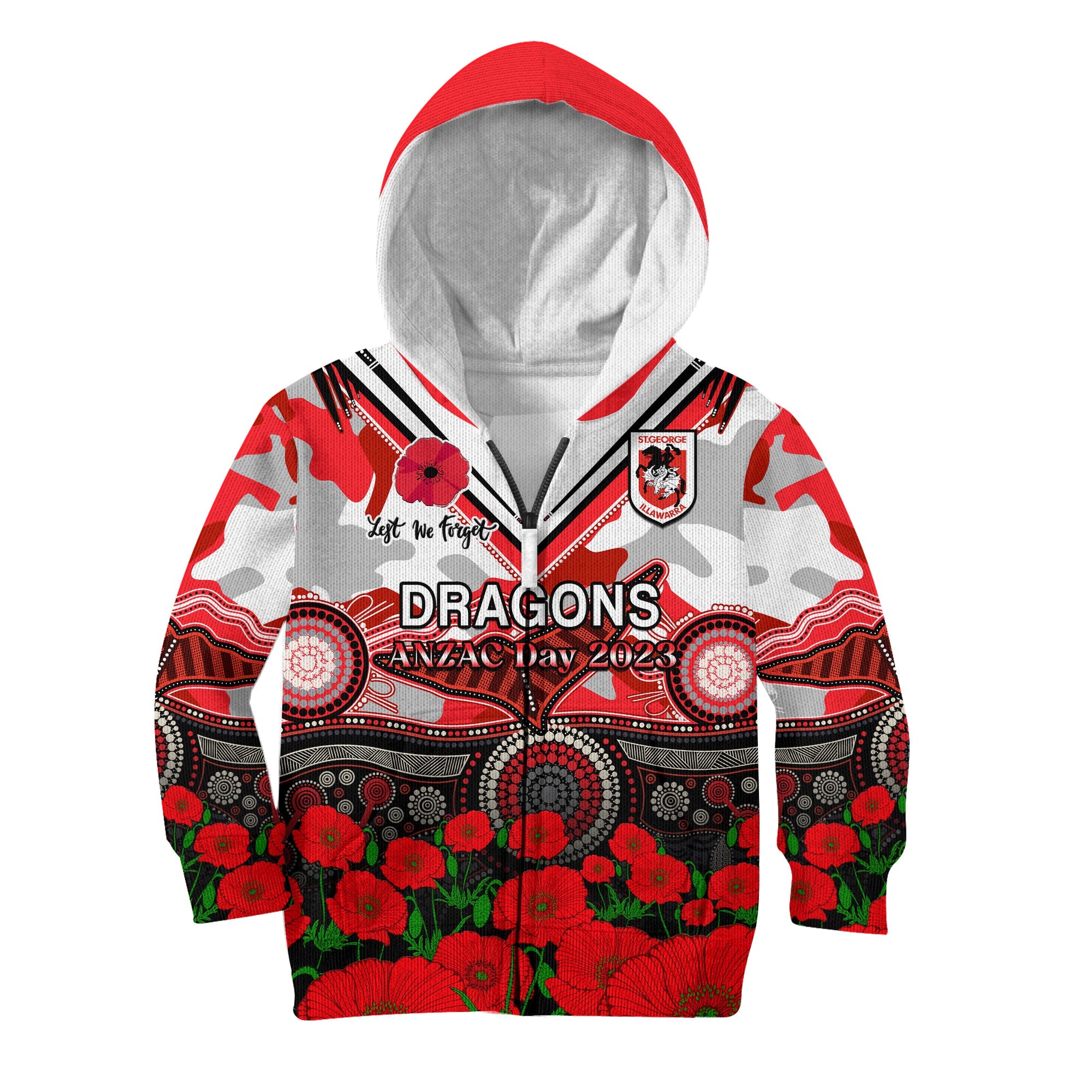 custom-text-and-number-dragons-rugby-anzac-2023-hoodie-kid-aboriginal-mix-poppy-lest-we-forget