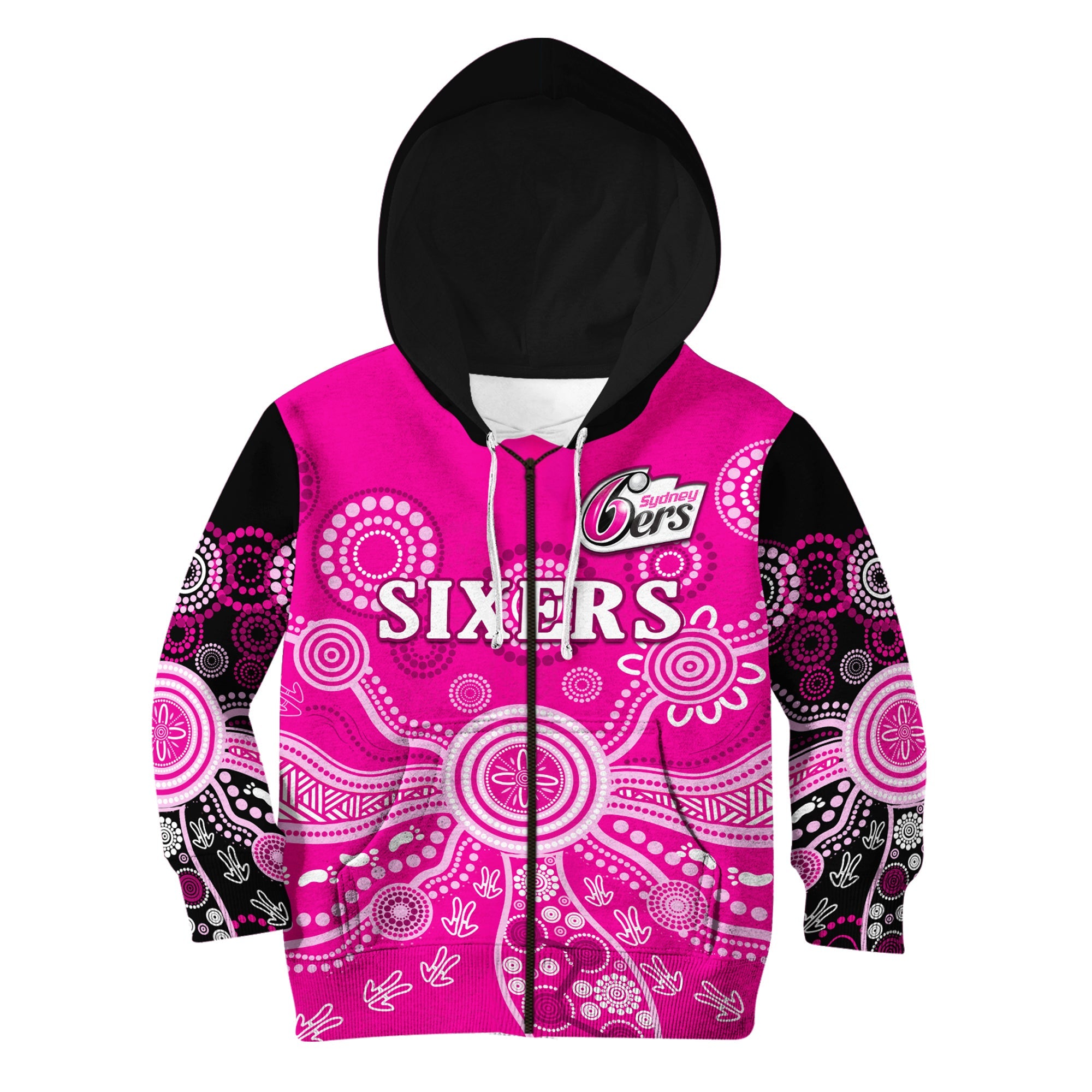 custom-text-and-number-sydney-sixers-hoodie-kid-cricket-indigenous-australian-art-ver01