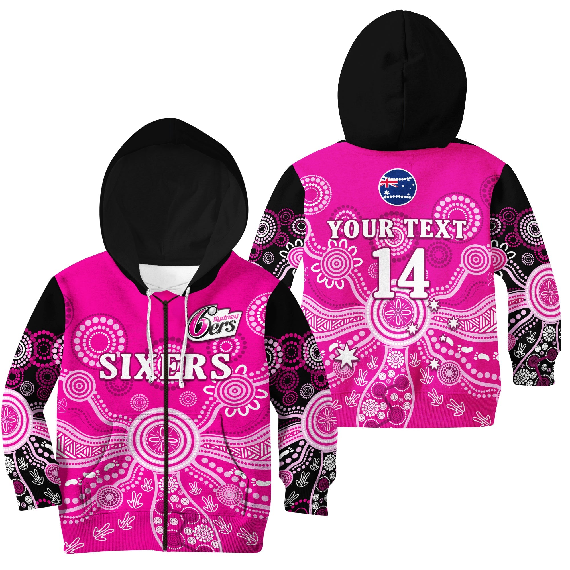 custom-text-and-number-sydney-sixers-hoodie-kid-cricket-indigenous-australian-art-ver01