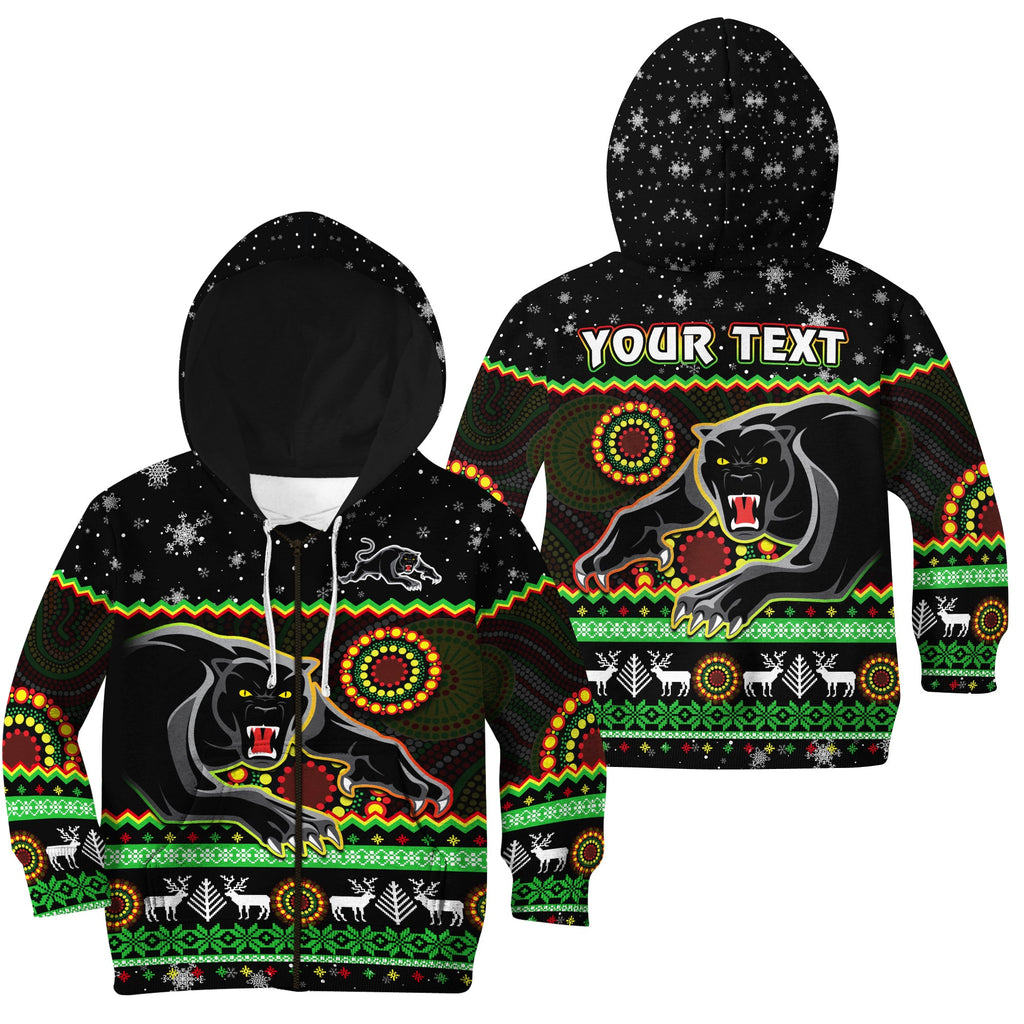 custom-personalised-panthers-christmas-hoodie-kid-aboriginal-pattern-penrith-black-version