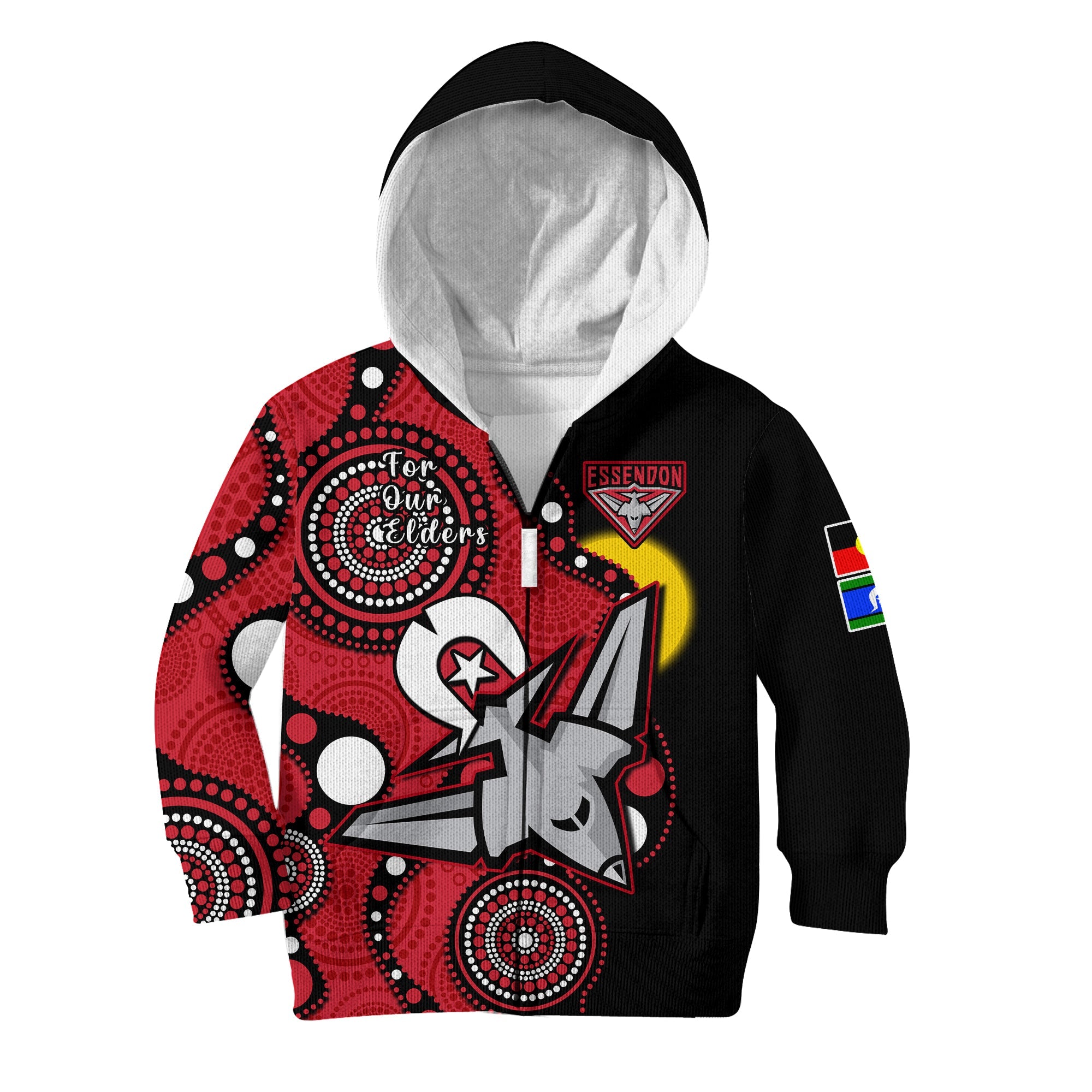 custom-text-and-number-essendon-football-naidoc-2023-hoodie-kid-bombers-for-our-elders-indigenous-art