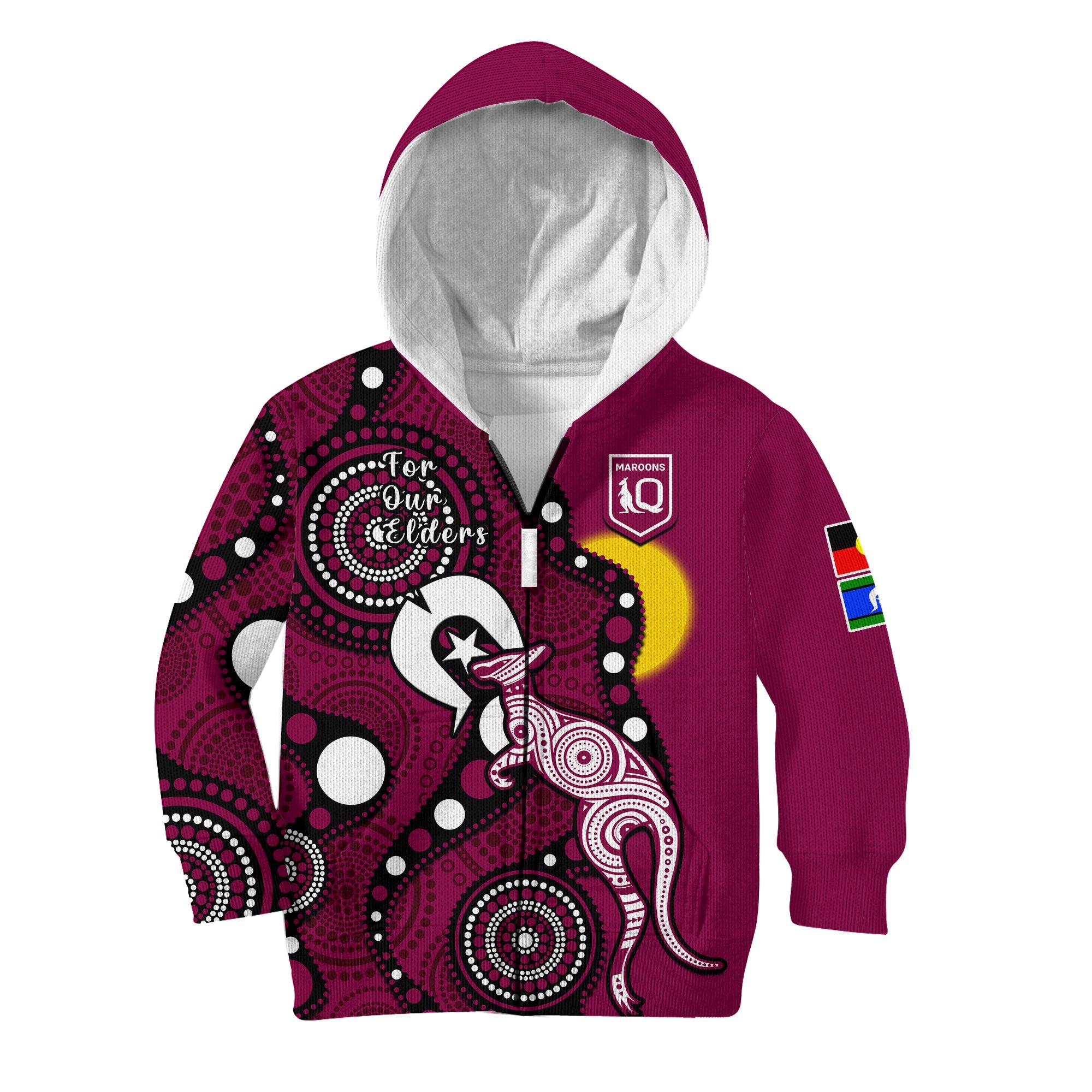 custom-text-and-number-maroons-rugby-naidoc-2023-hoodie-kid-qld-for-our-elders-indigenous-art