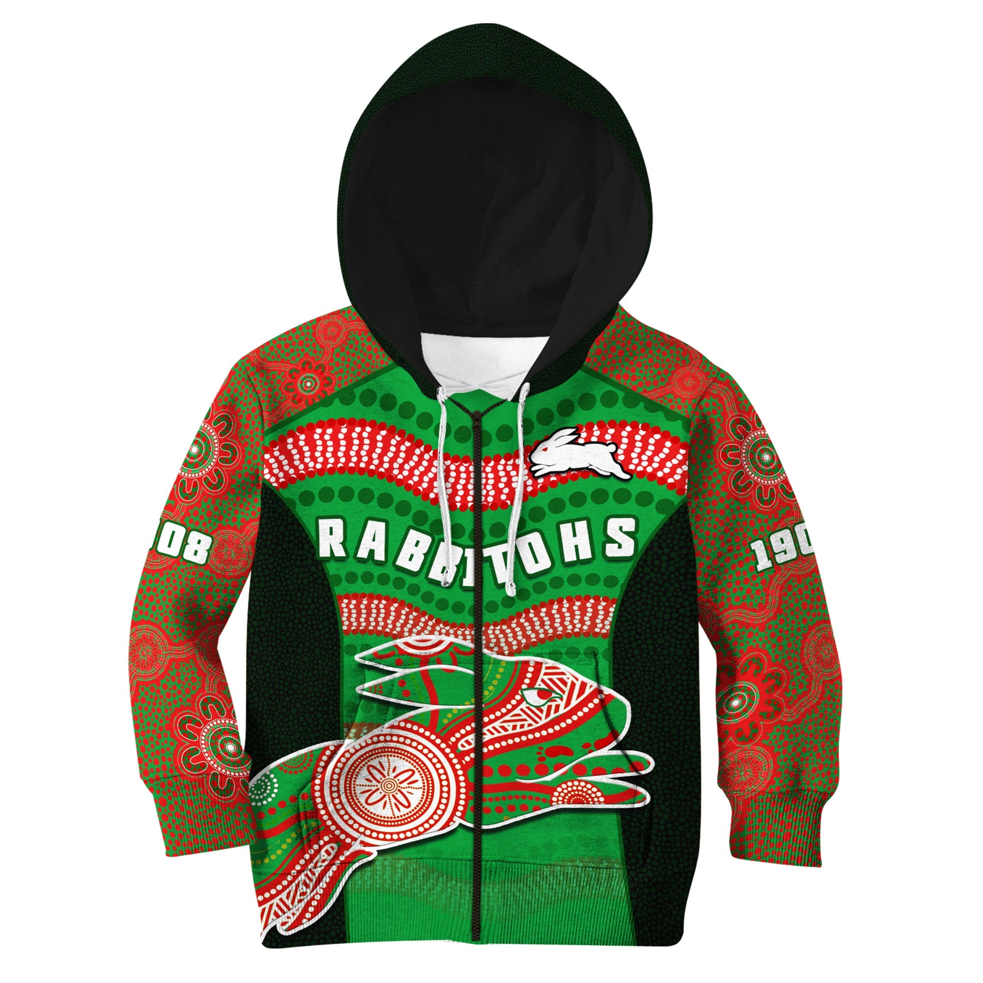 custom-text-and-number-rabbitohs-rugby-hoodie-kid-souths-1908-aboriginal-dot-painting-go-bunnies