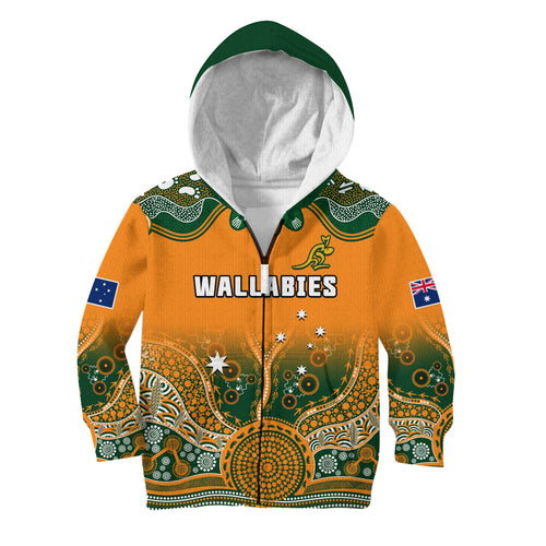 custom-text-and-number-australia-rugby-hoodie-kid-wallabies-kangaroo-orange-aboriginal