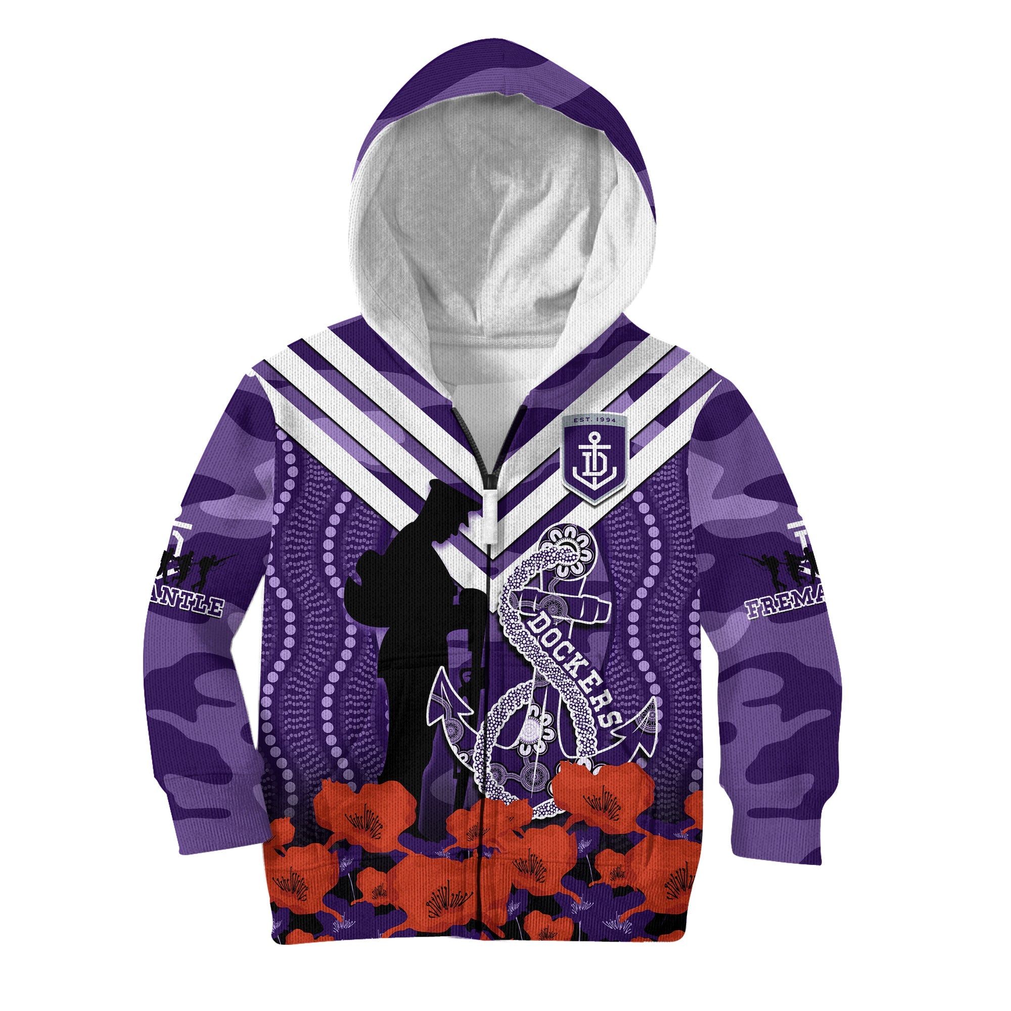 custom-text-and-number-dockers-football-anzac-2023-hoodie-kid-aboriginal-mix-poppy-camouflage