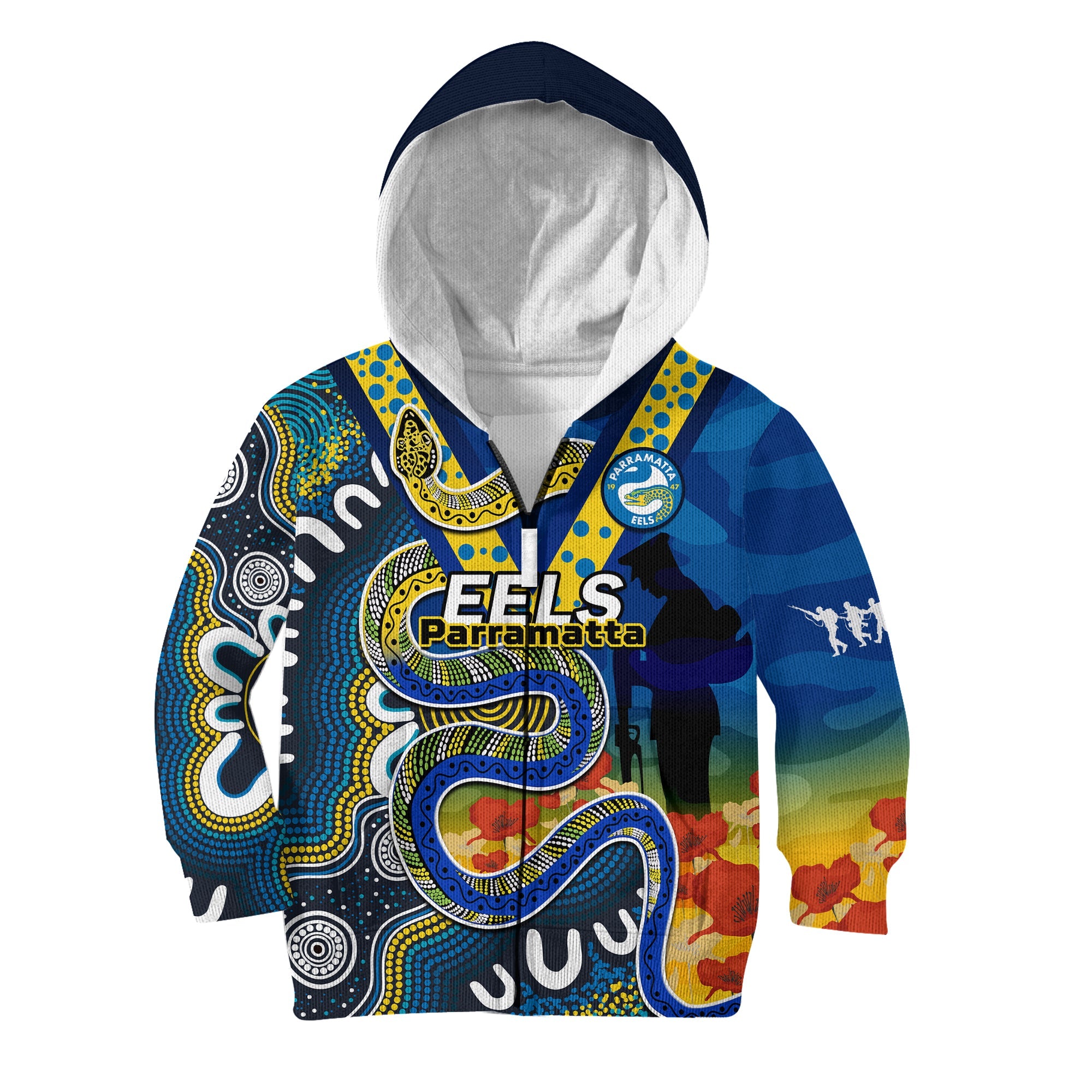custom-text-and-number-eels-rugby-anzac-2023-hoodie-kid-aboriginal-mix-poppy-lest-we-forget