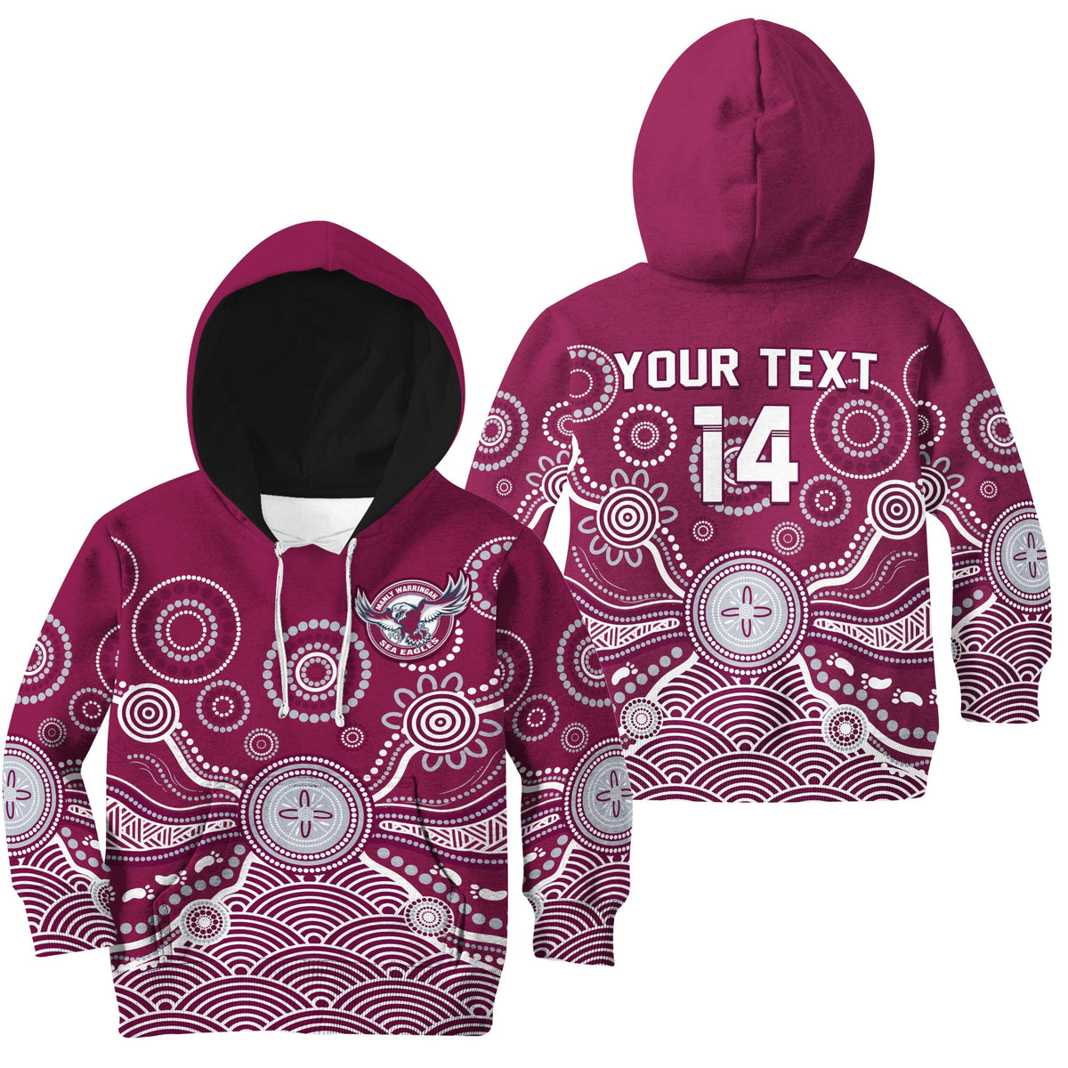 custom-text-and-number-sea-eagles-hoodie-kid-manly-warringah-1946-indigenous-painting
