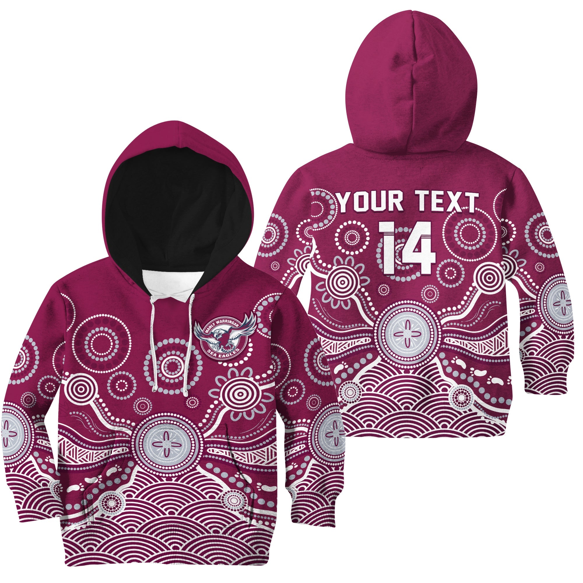 custom-text-and-number-sea-eagles-hoodie-kid-manly-warringah-1946-indigenous-painting