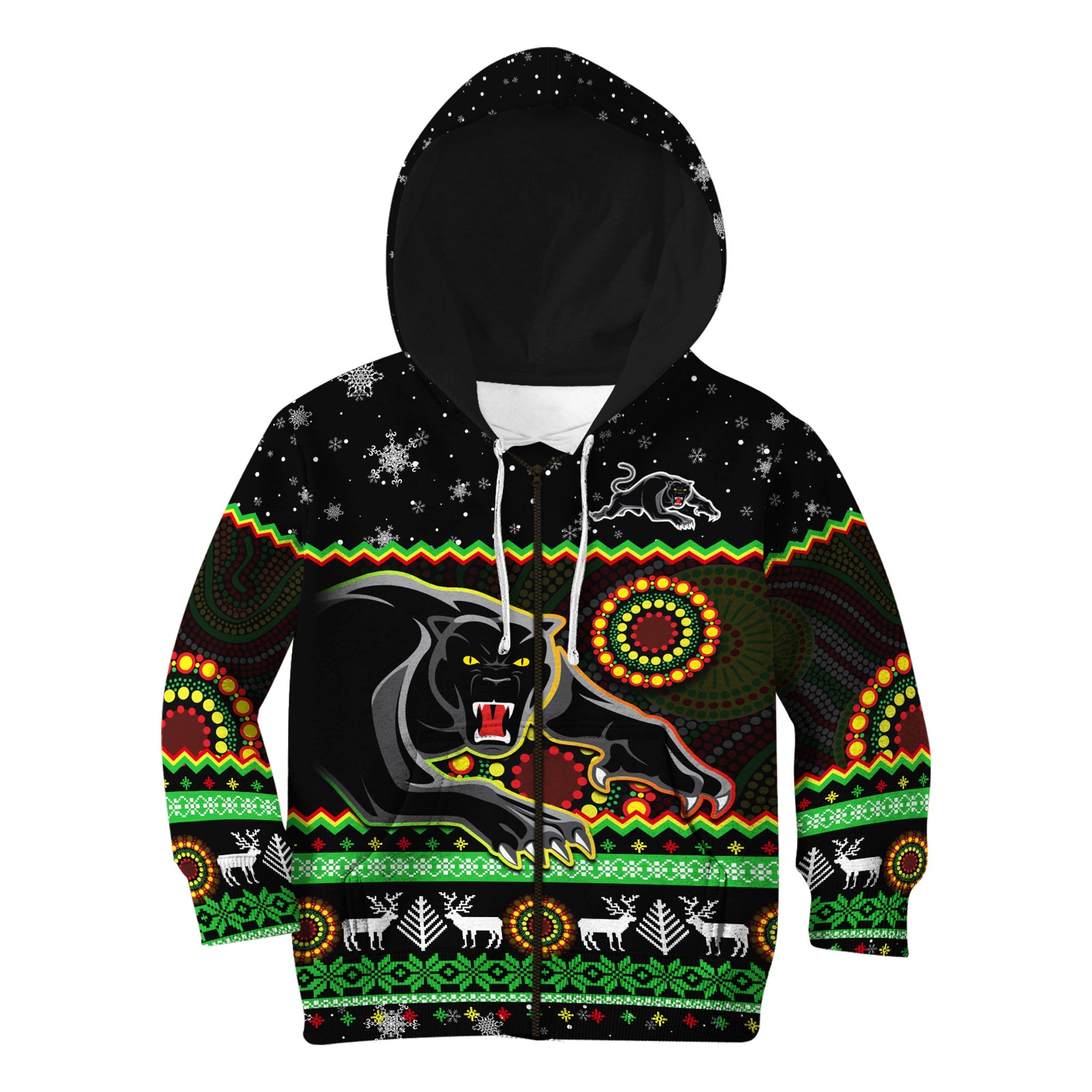 custom-personalised-panthers-christmas-hoodie-kid-aboriginal-pattern-penrith-black-version