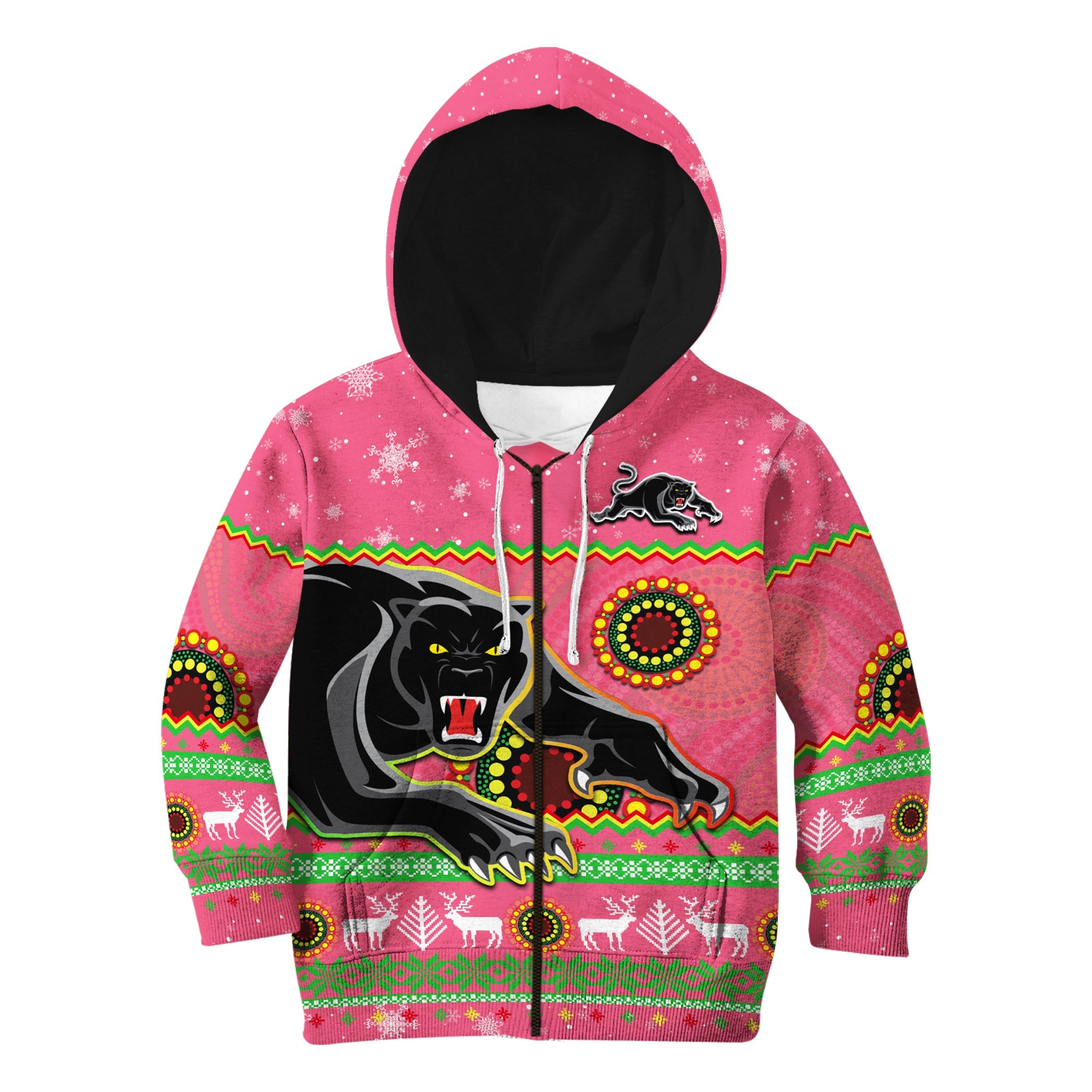 panthers-christmas-hoodie-kid-aboriginal-pattern-penrith-pink-version