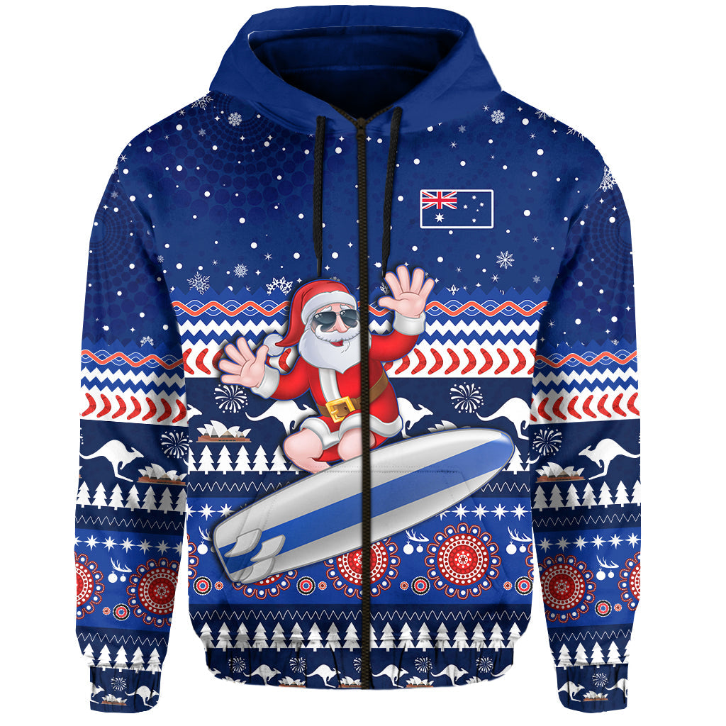 custom-text-and-number-australia-christmas-hoodie-aussie-aboriginal-santa-claus-is-surfing-with-kangaroo