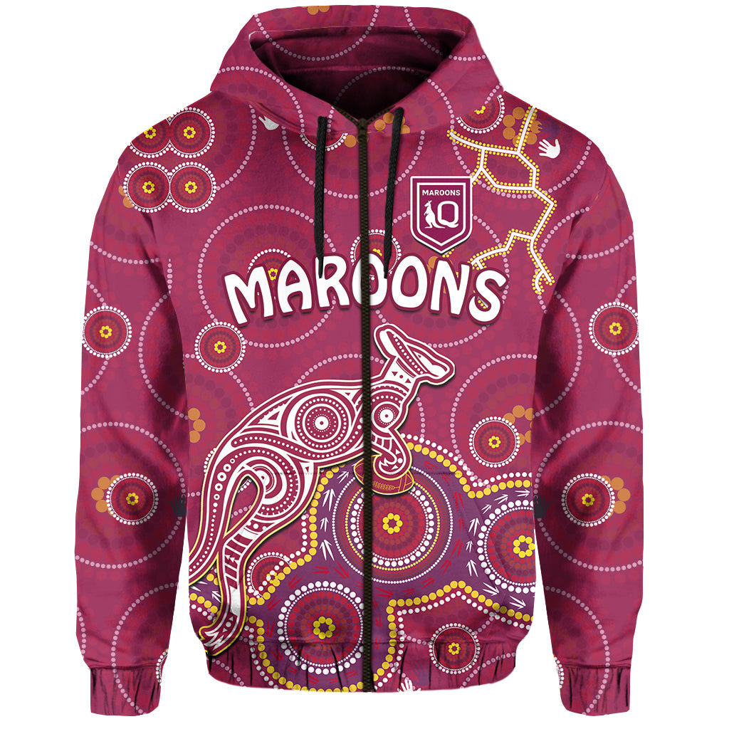 custom-text-and-number-maroons-rugby-hoodie-kangaroo-indigenous-pattern-unique-version