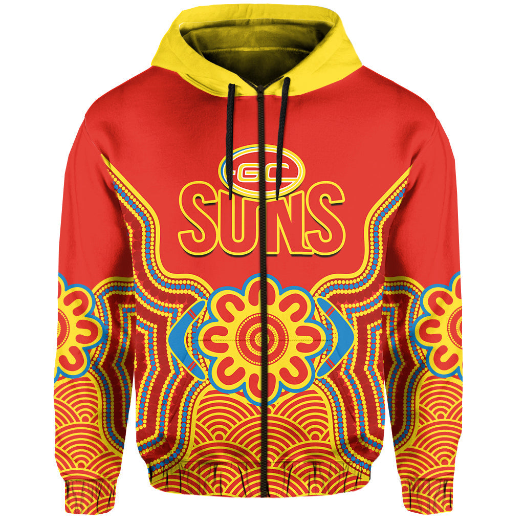 custom-text-and-number-gold-coast-football-hoodie-suns-indigenous-pattern