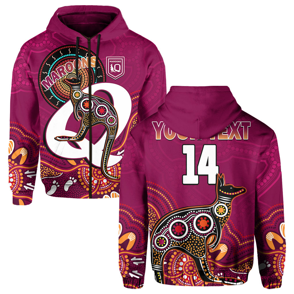 custom-text-and-number-maroons-rugby-hoodie-queensland-kangaroo-aboriginal-dot-paintings