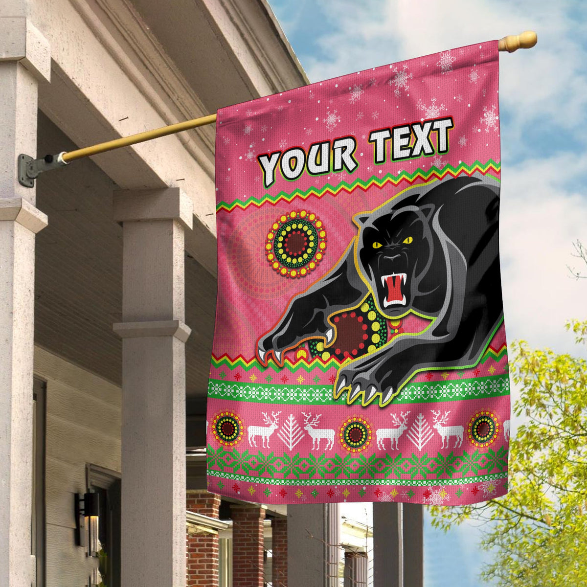 custom-personalised-panthers-christmas-flag-aboriginal-pattern-penrith-pink-version