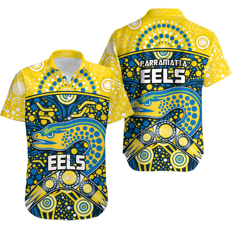 parramatta-eels-rugby-hawaiian-shirt-boomerang-indigenous-dots