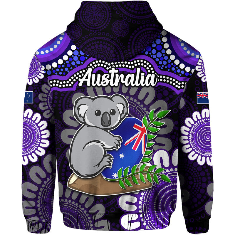 australia-koala-aboriginal-zip-up-and-pullover-hoodie-koala-hugging-rugby-ball-purple