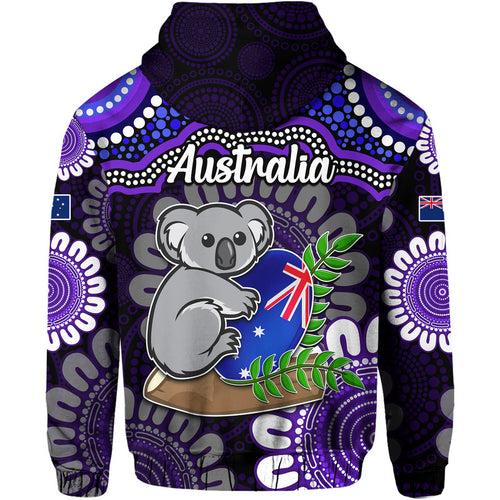 australia-koala-aboriginal-zip-up-and-pullover-hoodie-koala-hugging-rugby-ball-purple