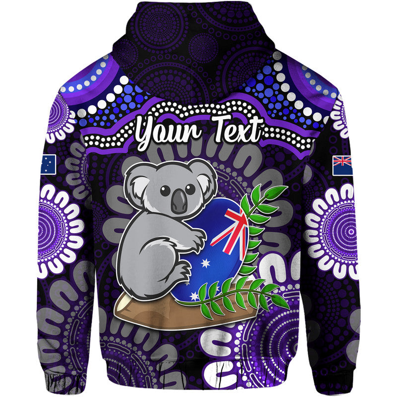 custom-personalised-australia-koala-aboriginal-zip-up-and-pullover-hoodie-koala-hugging-rugby-ball-purple