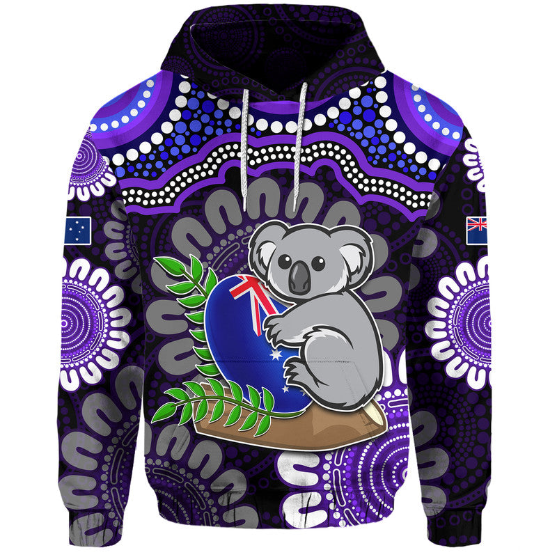 australia-koala-aboriginal-zip-up-and-pullover-hoodie-koala-hugging-rugby-ball-purple