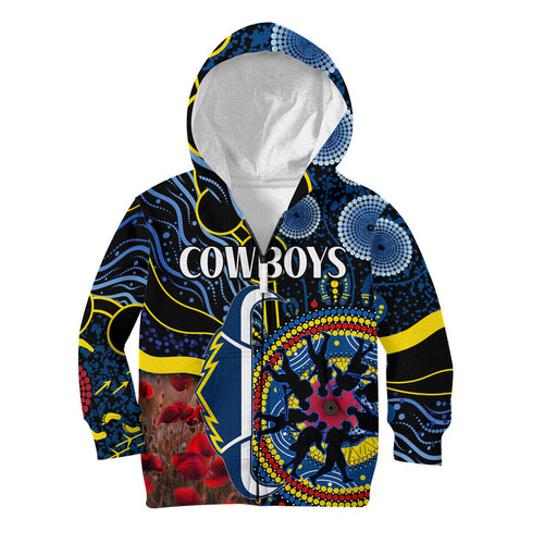cowboys-rugby-anzac-kid-hoodie-aboriginal-military-and-poppy-flowers