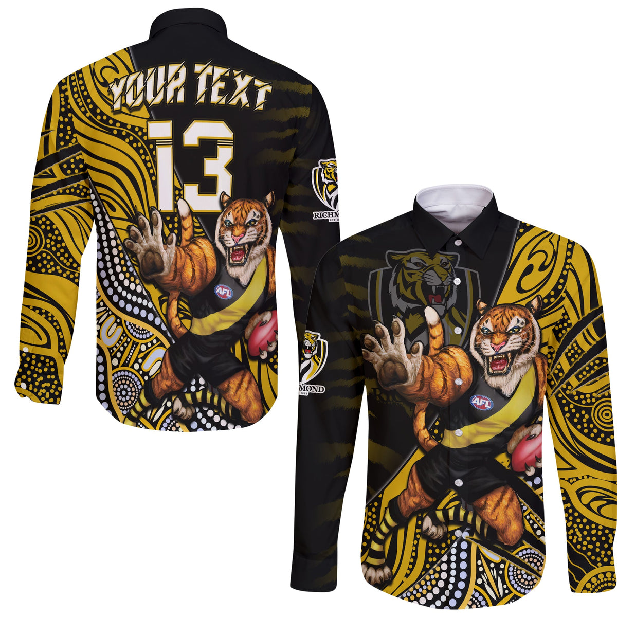 custom-text-and-number-richmond-football-long-sleeve-button-shirt-aboriginal-go-the-tigers-mascot