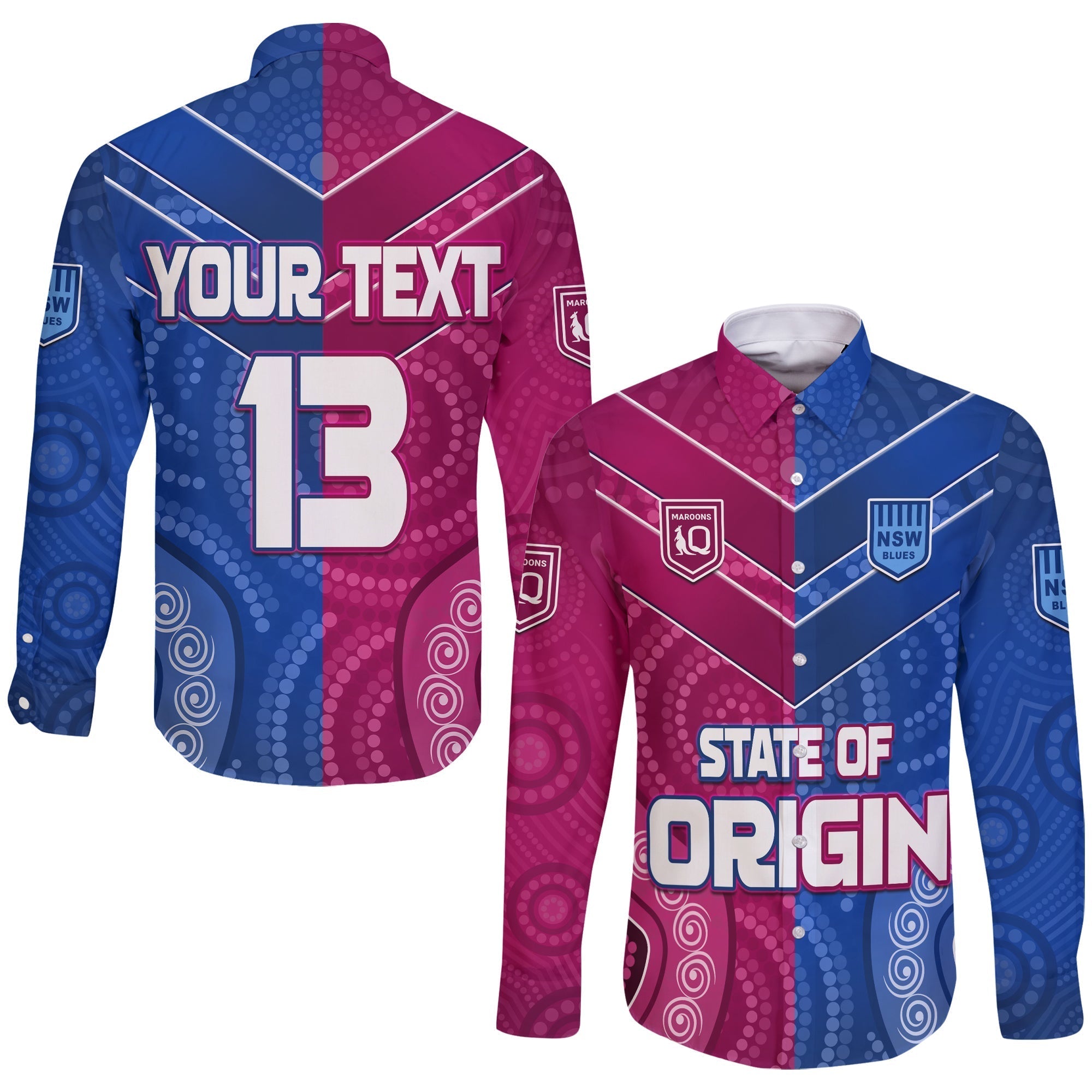 custom-text-and-number-blues-and-maroons-rugby-long-sleeve-button-shirt-origin-nsw-combine-queensland-aboriginal-australian-lt13