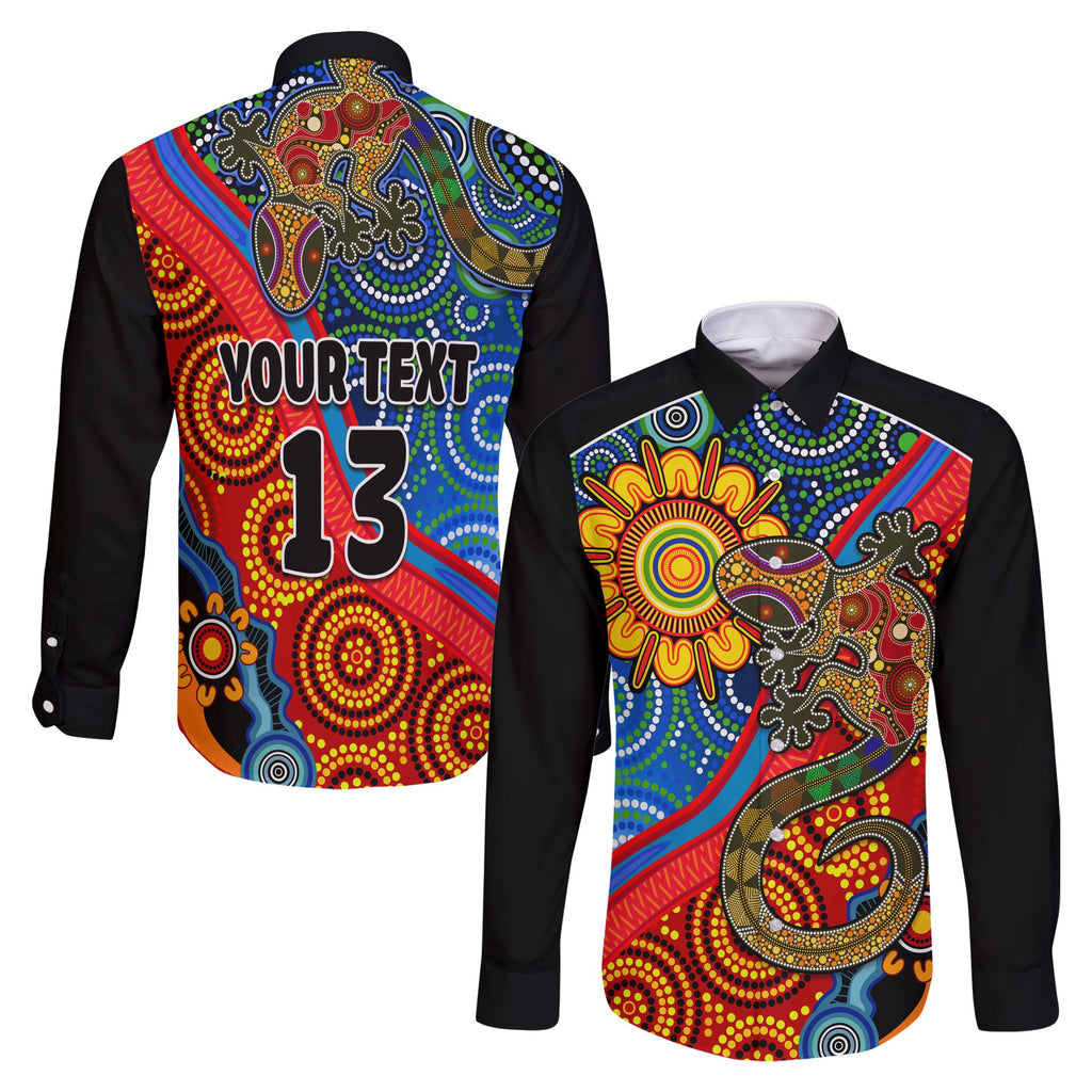 custom-text-and-number-australia-lizard-and-sun-long-sleeve-button-shirt-aboriginal-art-speical