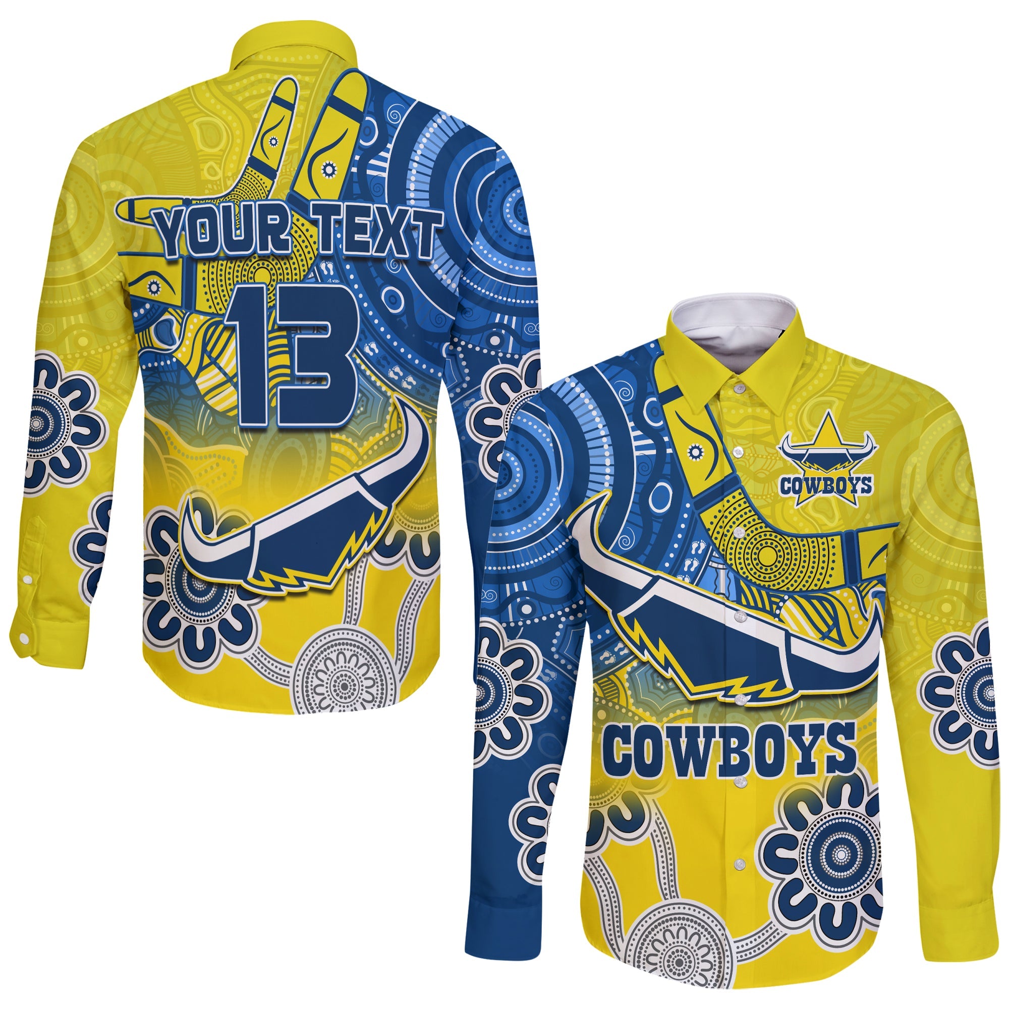 custom-text-and-number-cowboys-rugby-long-sleeve-button-shirt-aboriginal-boomerang-go-premiers-north-queensland