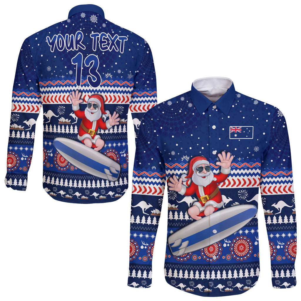 custom-text-and-number-australia-christmas-long-sleeve-button-shirt-aussie-aboriginal-santa-claus-is-surfing-with-kangaroo