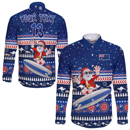 custom-text-and-number-australia-christmas-long-sleeve-button-shirt-aussie-aboriginal-santa-claus-is-surfing-with-kangaroo