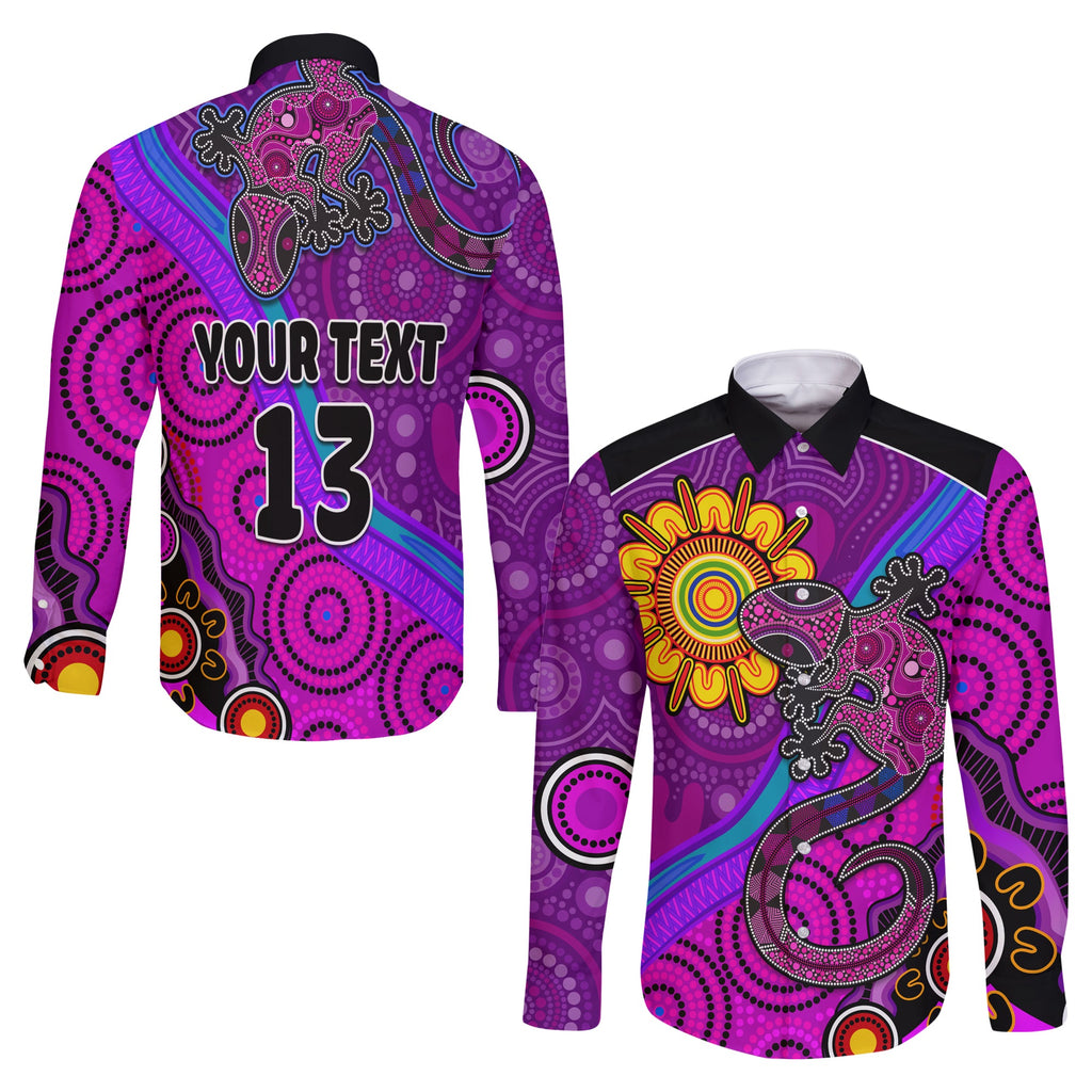 custom-text-and-number-australia-lizard-and-sun-long-sleeve-button-shirt-aboriginal-art-purple