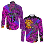 custom-text-and-number-australia-lizard-and-sun-long-sleeve-button-shirt-aboriginal-art-purple
