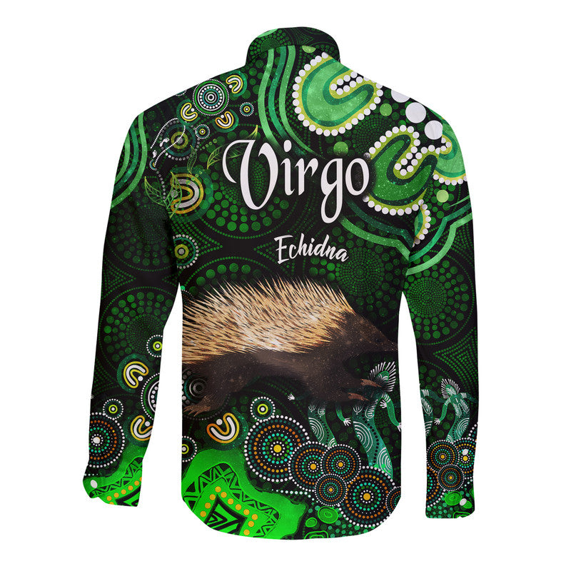 australian-astrology-hawaii-long-sleeve-button-shirt-virgo-echidna-zodiac-aboriginal-vibes-green