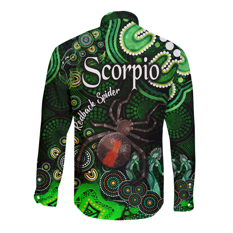 australian-astrology-hawaii-long-sleeve-button-shirt-scorpio-redback-spider-zodiac-aboriginal-vibes-green