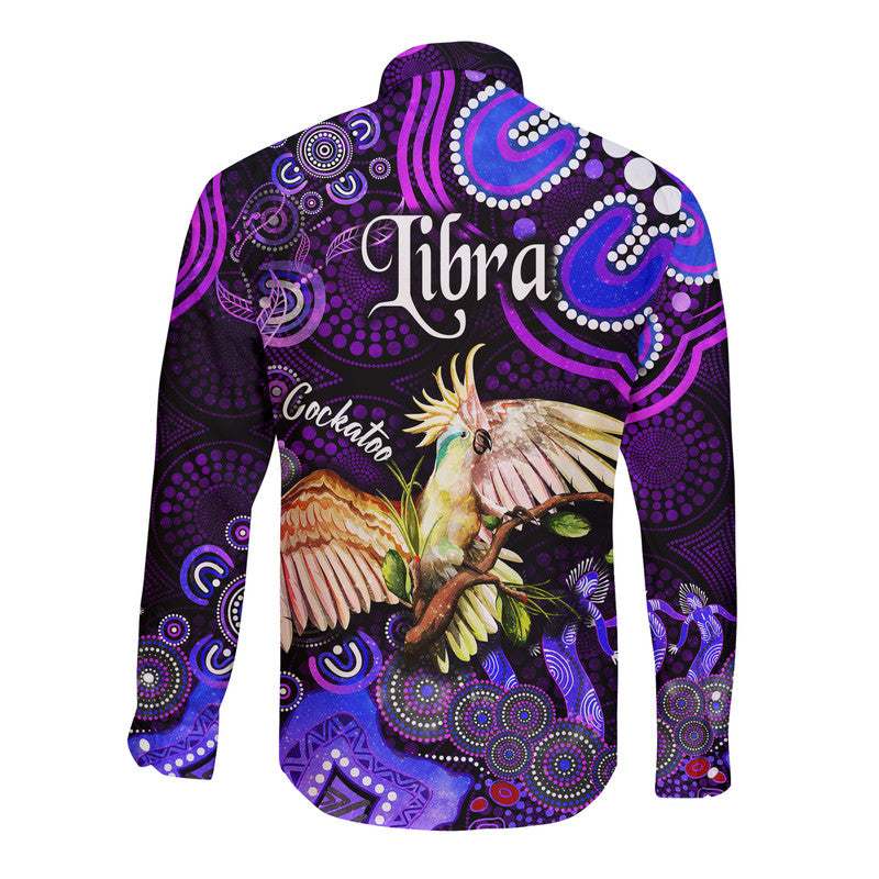 australian-astrology-hawaii-long-sleeve-button-shirt-libra-cockatoo-glider-zodiac-aboriginal-vibes-purple
